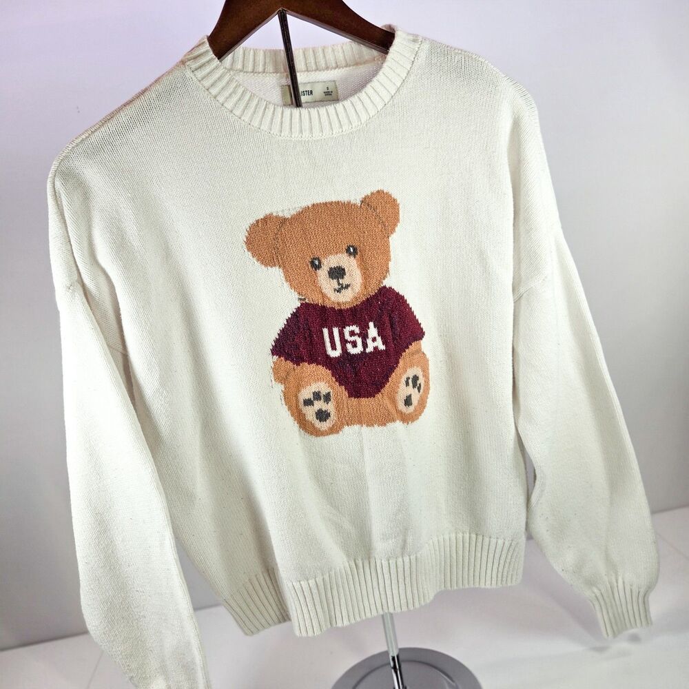 Hollister USA Teddy Bear Graphic Knit Crewneck Sweater S Cream White Pullover